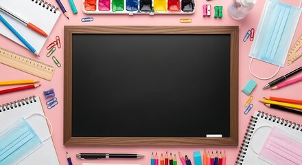 Back to School Creative Composition with Chalkboard and School Supplies during COVID 19 Pandemic