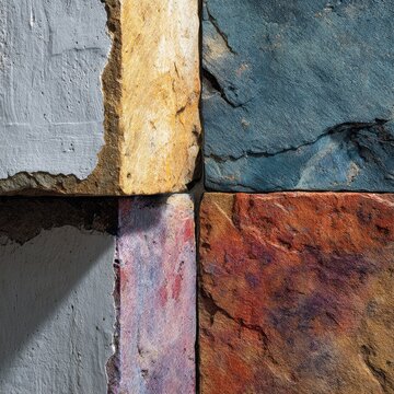 Close-up of four textured, multi-colored blocks