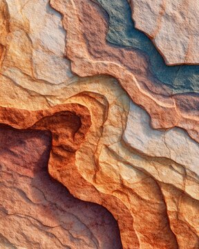 Close-up of layered, textured rock formations in warm earth tones