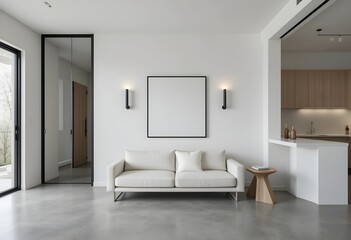 A minimalist and stylish modern apartment living room with a clean white sofa, a large empty frame on the wall, a wooden side table, and a balanced monochromatic design