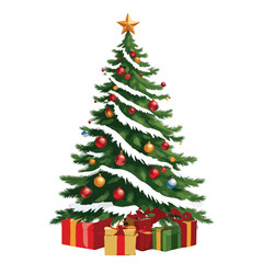 Decorated christmas tree vector with ornaments, baubles and gift boxes for holiday celebration and festive design