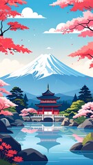 Japanese landscape with cherry blossoms and Fuji