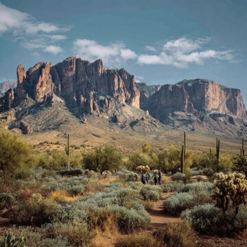 Desert landscape with mountains and hikers