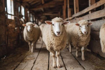 Obraz premium Sheep Walking in a Barn with Rustic Wooden Interior Setting