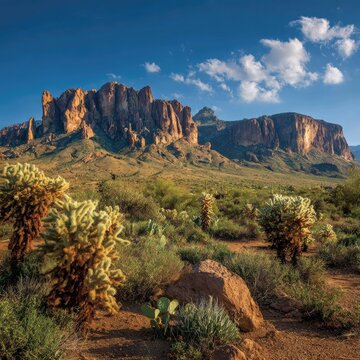 Desert landscape with cacti and dramatic mountains
