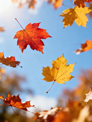 Obraz premium A picturesque scene of autumn maple leaves in various colors falling against a clear blue sky, showcasing the beauty of the season.
