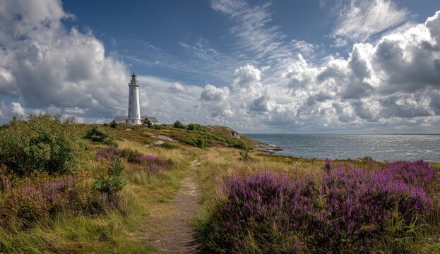 Lighthouse on a grassy island with purple flowers