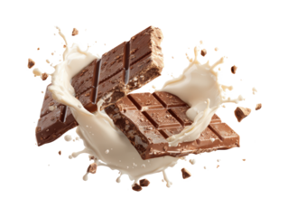 Two halves of milk and chocolate bars crushed in the air, isolated on a white background