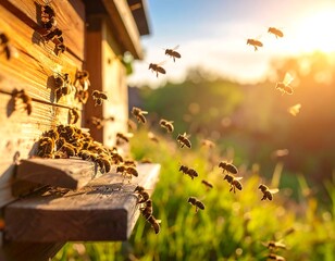 Honeybees flying near hive at sunset