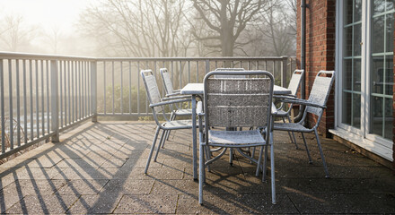 Outdoor patio furniture set on balcony in soft morning light  