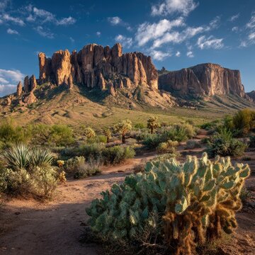 Desert mountain range at sunrise, vibrant landscape