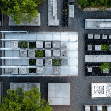 Aerial view of a modern concrete garden pavilion with planted boxes