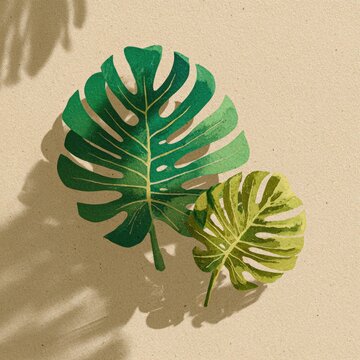 Two tropical monstera leaves on beige sand, with shadows