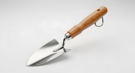 Hand garden trowel isolated on white background. Gardening tool for planting and soil work.
