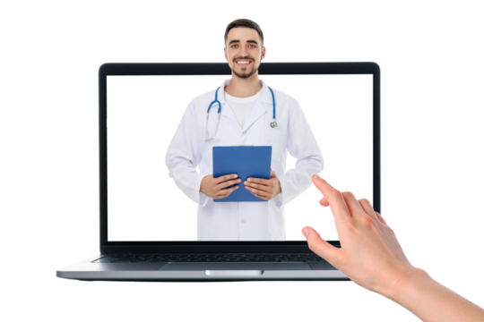 Doctor provides remote guidance with clipboard, isolated on white
