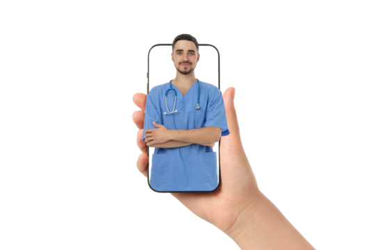 Expert with smartphone showing care services, isolated on white