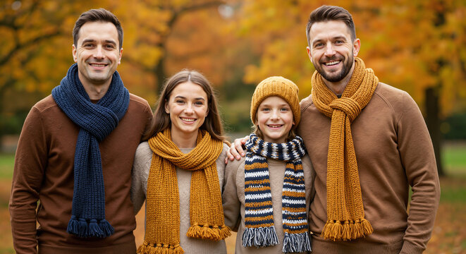 Family smiling together in autumn park wearing cozy scarves  