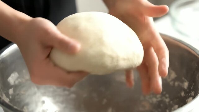 Artisanal dough preparation showcasing meticulous hands shaping dough in a stainless steel bowl creating a harmonious blend textures and culinary