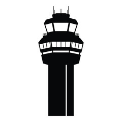 Silhouette of an airport control tower with multiple windows and communication equipment