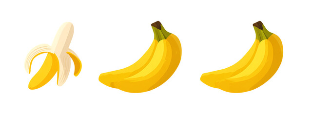 Three yellow bananas one partially peeled isolated on transparent background