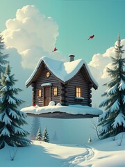 Cozy wooden cottage in winter forest