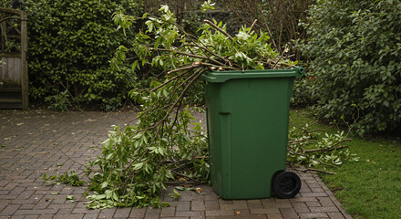 Green waste bin overflowing with branches and leaves in garden  