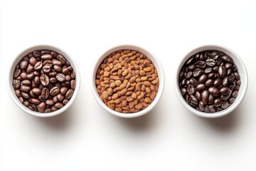 Fototapeta premium Three Varieties of Coffee Beans in White Bowls Isolated on White