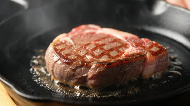 Sizzling Gourmet Steak: Close-Up of a Tender Cut Cooking in a Cast Iron Pan, Creating Mouthwatering Steam and Rich Aromas. Perfect Culinary Visual
