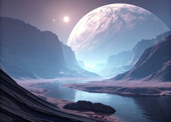 alien canyon polished rock base giant planet
