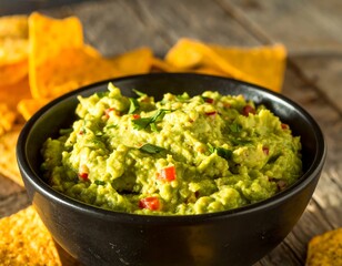 Guacamole in bowl with tortilla chips