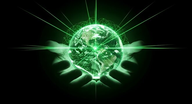 Human hands holding glowing digital Earth with green eco energy lines sustainability technology concept future planet