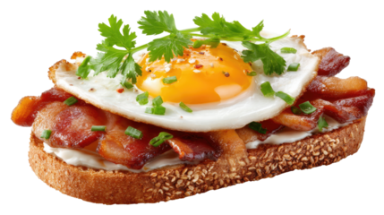 Breakfast Delight: A culinary masterpiece showcasing a delectable open-faced sandwich, starring a perfectly cooked fried egg atop crispy bacon, all meticulously garnished with fresh herbs.