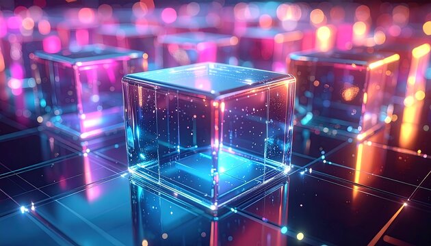Abstract digital cubes with vibrant neon light