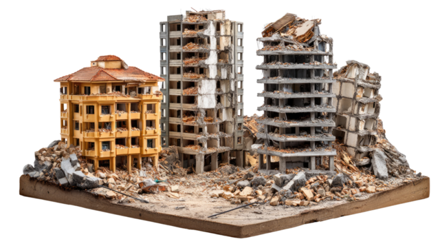 Devastation: Ruins of buildings following a destructive event, symbolizing destruction, crisis, and aftermath. 