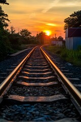 Fototapeta premium Train tracks at sunset with golden light railway railroad