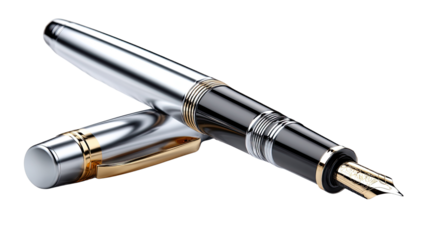 Elegant Fountain Pen: A close-up shot of a luxurious fountain pen, its gleaming silver body and golden accents catch the light, the open cap revealing the nib poised, ready to write.