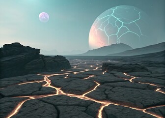 alien rocky barren surface glowing cracks