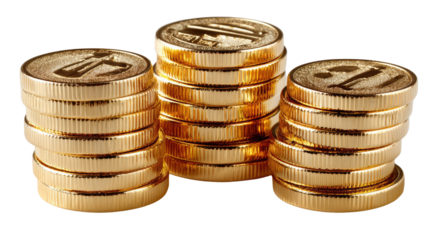 Golden Stacks of Value: A visual metaphor of wealth and value with three stacks of pristine golden coins. Each coin gleams, symbolizing prosperity and financial growth.