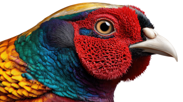 Vibrant Portrait of a Common Pheasant: A striking close-up captures the exquisite detail of a male pheasant's plumage, revealing its vibrant colors and captivating beauty.