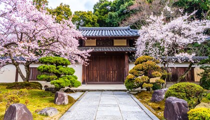 Japanese temple in spring with cherry blossoms
