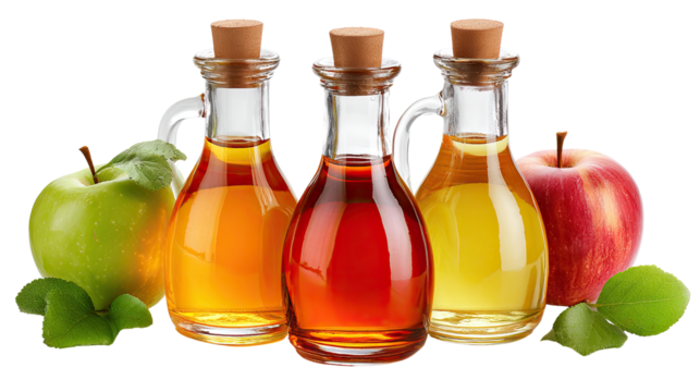 Vibrant Variety: A curated composition of three glass bottles, each showcasing a different hue of delectable vinegar, gracefully accompanied by vibrant green and red apples alongside fresh leaves. 