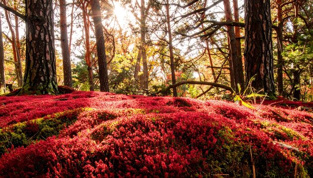 Autumn forest floor with vibrant red moss