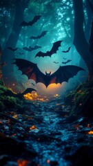 Spooky forest, gothic Halloween image. Pumpkins, Jack-O-Lanterns. Spooky Halloween Background, banner, poster.	
