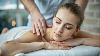 Obraz premium Woman enjoying therapeutic massage with relaxed expression in a spa setting
