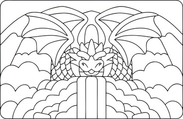 A friendly dragon perched atop a waterfall, surrounded by stylized clouds and mountains in a