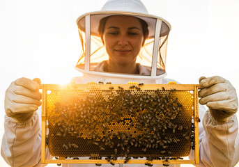 A beekeeper in protective gear holds a frame full of bees and honeycomb, illuminated by the warm glow of the sun