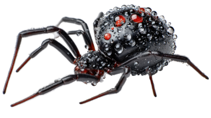 Spider, Arachnid's Intrigue: This stunning photo shows a captivating black widow spider, a symbol of nature's enigmatic beauty, covered in morning dew, in all its exquisite, intricate detail.