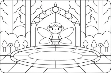 A cheerful fairy stands in a whimsical garden scene, ready for coloring