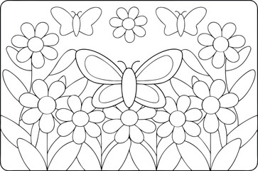 A large butterfly rests amidst a cluster of stylized flowers in a charming line art illustration