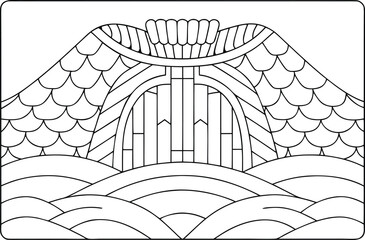A stylized landscape illustration features a geometric gate and rolling hills in a minimalist black